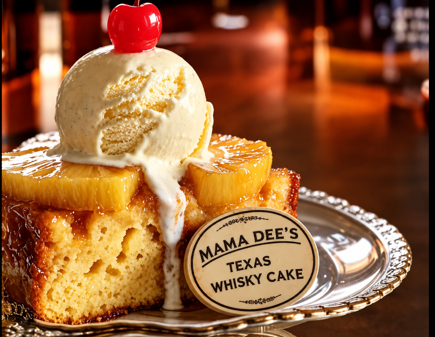 Mama Dee's Texas Whisky Cake served warm with vanilla ice cream and a cherry